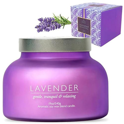 Lavender Candle 19oz Volcano Jar with Wooden Wick Upto 75 Hours Burn Time in a Large 4" x 5" Solid Purple Glass Jar in a Luxury Gold Foil Gift Box - color: Lavender 19, size: 19oz