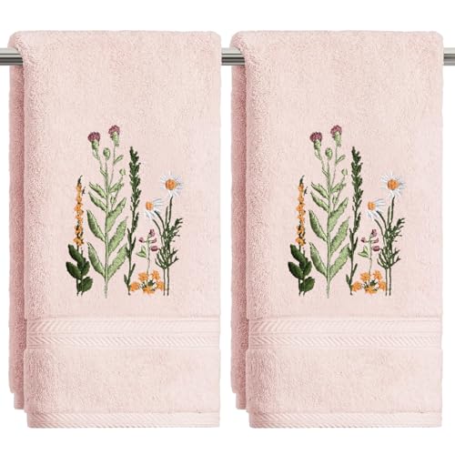 Artoid Mode 2 Pcs Pink Wildflower Floral Embroidered Hand Towels for Bathroom, 100% Cotton Soft Absorbent Farmhouse Decor Towels, 13.7 x 29.5 Inch - color: Pink, size: 13.7" x 29.5", 2PCS