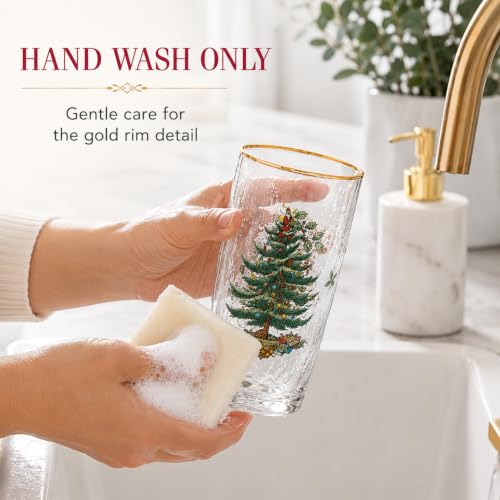 Spode Christmas Tree 15oz Highball Glasses, Set of 4 - Gold-Rimmed Elegant Holiday-Themed Glassware, Festive Holiday Drinkware for Christmas Parties, New Year’s Toasts & Festive Occasions | Ideal for serving cocktails & sparkling water, 22k gold-trimmed r