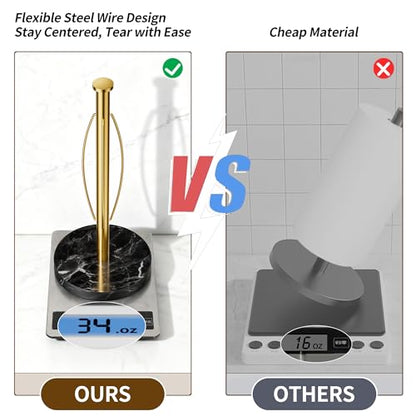 YIGII Heavy Marble Base Paper Towel Holder Countertop - Standing Paper Towel Roll Holder with Black Weighted Base, Gold Papertowel Holder for Kitchen - style: Gold & Black Marble