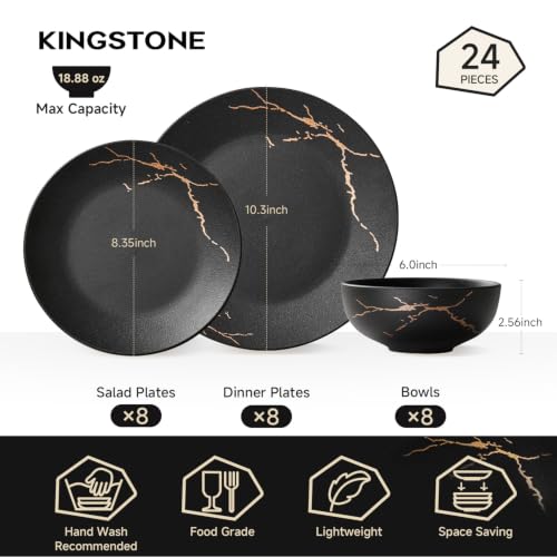 24-Piece Matte Crackle Dinnerware Sets, Black and Gold | Porcelain Plates & Bowls Set | Scratch Resistant Handcrafted Gold Luster | Microwave, Dishwasher Safe | Serves 8 | Ideal Gift - size: Service for 8 (24pcs)
