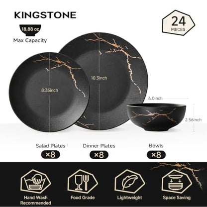 24-Piece Matte Crackle Dinnerware Sets, Black and Gold | Porcelain Plates & Bowls Set | Scratch Resistant Handcrafted Gold Luster | Microwave, Dishwasher Safe | Serves 8 | Ideal Gift - size: Service for 8 (24pcs)