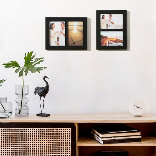 4x6 2-Opening Collage Frame Black Wood | Two 4x6 openings, shatter-resistant glass, tabletop & wall mount - size: 4x6 - 2 Opening