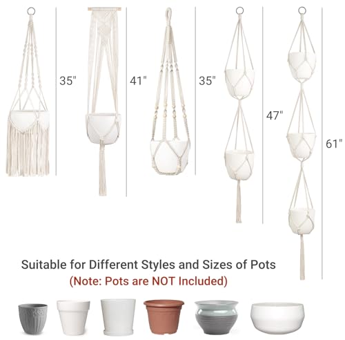 Mkono Macrame Plant Hanger 5 Pack Indoor Hanging Planters Basket with Hooks | 35"-61" Length Different Tiers & Sizes, Handcrafted Decorative Hanging Flower Pots Holder Stand, Boho Home Decor & Aesthetics