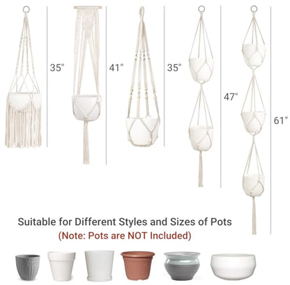 Mkono Macrame Plant Hanger 5 Pack Indoor Hanging Planters Basket with Hooks | 35"-61" Length Different Tiers & Sizes, Handcrafted Decorative Hanging Flower Pots Holder Stand, Boho Home Decor & Aesthetics