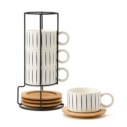 LUKA 6 Ounce Porcelain Stackable Espresso Cups with Saucers and Metal Stand Set of 4, Ceramic Cappuccino Cups Set for Specialty Coffee Drinks, Latte, Cafe Mocha and Tea, Stripes, White - color: Stripes