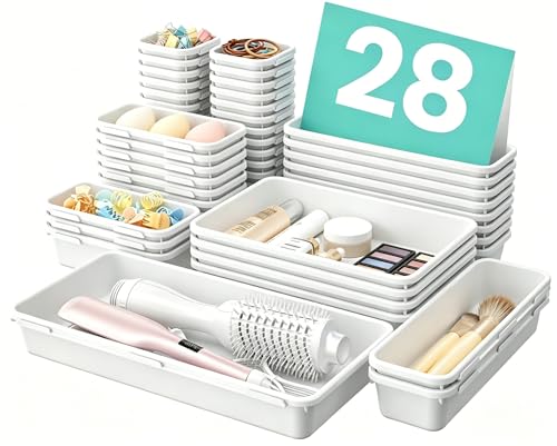 【Military Grade】A-LuGei Drawer Organizer,【𝟱𝗦𝗶𝘇𝗲】Makeup organizer,【Holds 177 Items】Bathroom Organizers and Storage,Organization and Storage,Desk Drawer Organizer for Vanity【White】 - color: White