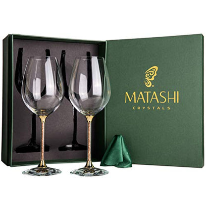 Matashi Crystal Wine Glasses Set of 2 (18.5 oz), Gold Crystal Filled Stem | Luxury Decorative Wine Glass Gift Set for Wedding, Anniversary, Elegant Red & White Wine Glasses