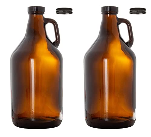 North Mountain Supply 1/2 Gallon (64 Ounces) Amber Glass Fermenting Jug with Handle, Black Polyseal Lid & Black Metal Lid - Set of 2