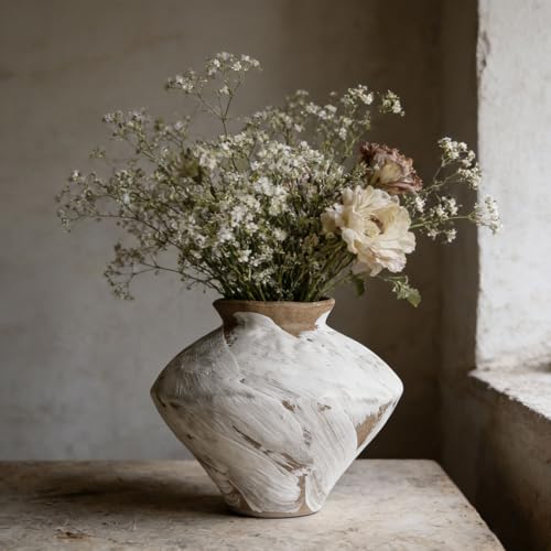 Wabi Sabi Vintage Vase, 6.3" Tall Wabi Sabi Decor Rustic Farmhouse Pottery Vase for Centerpiece, White Textured Pottery Flower Vase for Home Decorative, Table, Living Room, Bedroom, Bathroom, Kitchen - color: Washed White, size: 6.3 in