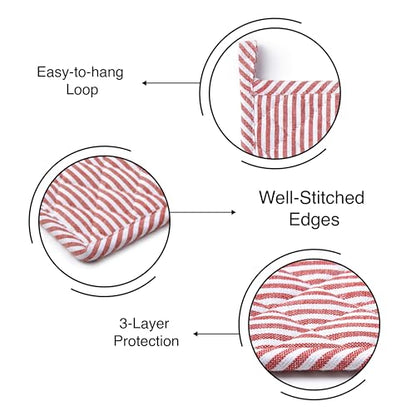 Encasa XO Pot Holders, Quilted Kitchen Hot Pads 8"x8" Ticking Red | 100% Eco-Friendly Cotton | Thick Cotton Padding Insulation | Convenient Hanging Loop | Set of 2 - color: Ticking Red