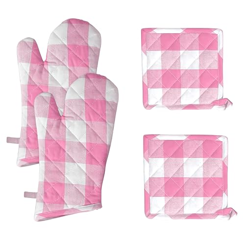 Native Fab Buffalo Plaid Check Oven Mitts and Pot Holders Set of 4, 100% Cotton Heat Resistant Kitchen Gloves, 2 Oven Mitts (7x13), 2 Pot Holders (8x8) for Cooking & Baking, Pink White - color: Buffalo, Rose Pink