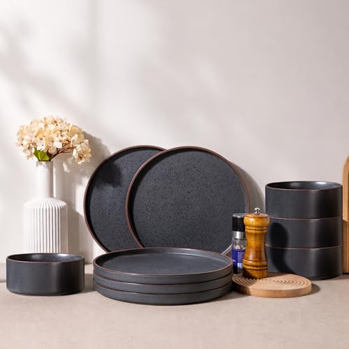 LERATIO Stoneware Dinnerware Sets for 4,12-Piece Matte Plates and Bowls Set | Handmade High Edge Rim Dish Set,Oven & Microwave,Dishwasher Safe,Scratch Resistant-Ashen - color: Ashen, size: Service for 4
