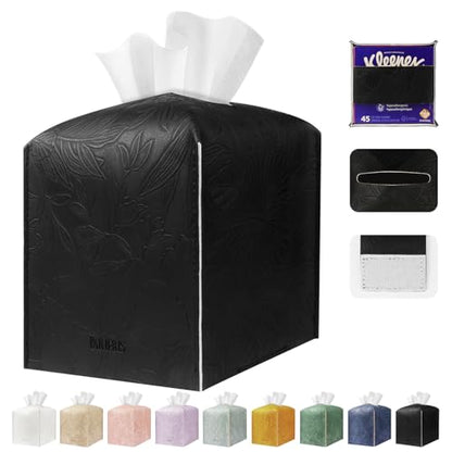 Tissue Box Holder Cover Square Tissue Cube Cover PU Leather Tissue Organizer with Bottom Belt for Bathroom, Tabletop, Kitchen, Night Stands, Office, Home, Car (1, Black) - color: Black