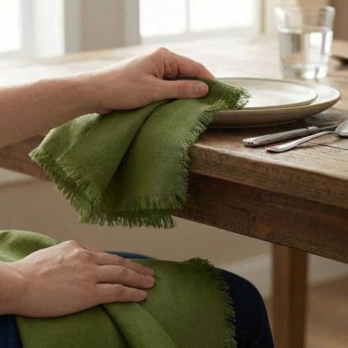 ACCENTHOME Olive Green Cotton Linen Napkin Set of 6 18x18 inch Dinner | Cotton Linen Blend Napkins, Machine Wash On Gentle Cycle, Economy Pack, Multi Purpose Use, Cotton - color: 03 - Olive Green, size: 18" x 18" (Set of 6)