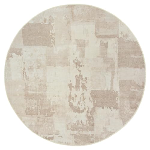 GLN Rugs Bohemian - Troy - Machine Washable Round Rug, Boho Washable, Non Slip, Low Pile Chenille Area Rug, Living Room, Bedroom, Dining Room Rug - Easy Clean (5'3" Round Abstract Tan) - color: Abstract Tan, size: 5'3" (Round)