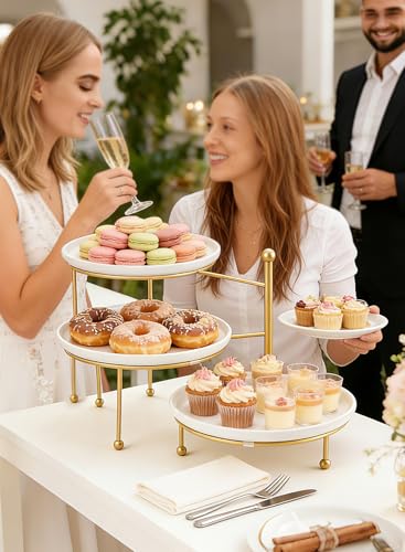 Tiered Serving Tray for Party, 10 Inch Dessert Display Stand, Gold | 3*Porcelain Durable Round Serving Plates, Microwave/Dishwasher Safe, Elegant Display, Wedding/Tea/Party serving - color: Gold
