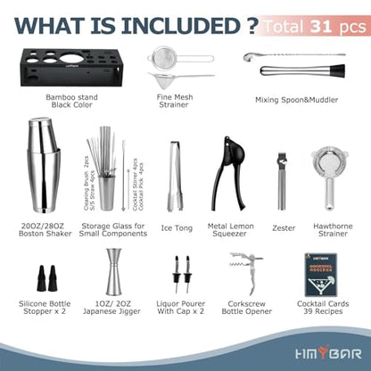 HMYBAR® Bartender Kit with Black Bamboo Stand, 31-Piece Cocktail Shaker Set, 20/28 oz Boston Shaker Set for Home Bar, Mixology Bar Tool Set with 39 Recipe Cards - color: Black