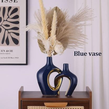 Ceramic Vases Set - Small Blue Vases for Farmhouse, Living Room, Table and Fireplace Decor