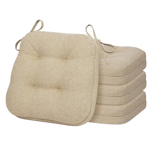 baibu Patented Dining Chair Cushions, 4 Pack, 16.5 x 16.5 x 3.5 in, Beige | Dual-layer memory foam cushions with silicone non-slip bases, secure ties and removable machine-washable covers. - color: Beige, size: 4 Count (Pack of 1)