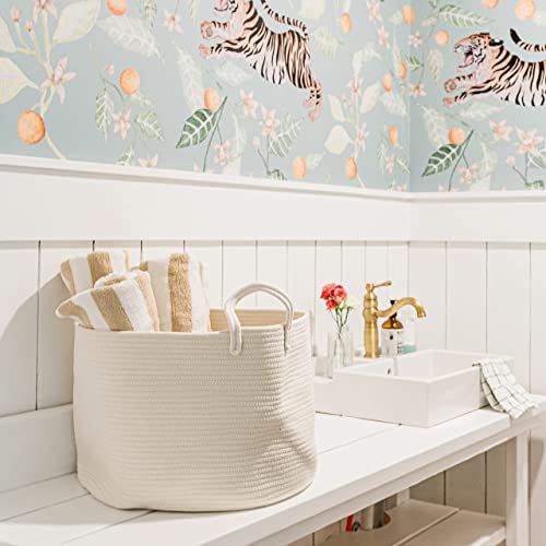 OrganiHaus Round Toy Basket & Blanket Basket, Cotton Rope 20x13" | Full Off-White - Round Cotton Rope Basket, 20x13" - color: Full Off-White, size: Wide