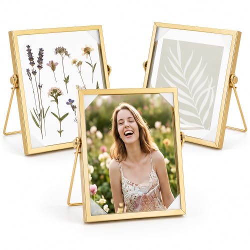 3 Pcs 6 x 6 Picture Frame with Gold Edge, Double Glass Pressed Flower Frame | Fits 4 Inch Picutre, Floating Glass Picture Frame for Dried Flowers, Plant Specimen, Photos, Postcard