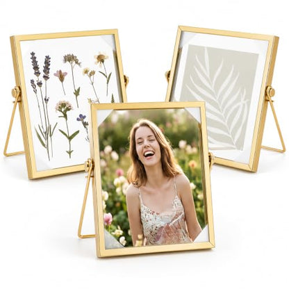 3 Pcs 6 x 6 Picture Frame with Gold Edge, Double Glass Pressed Flower Frame | Fits 4 Inch Picutre, Floating Glass Picture Frame for Dried Flowers, Plant Specimen, Photos, Postcard