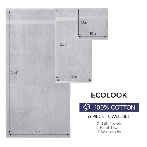 ecolook Ultra Soft 6-Piece Towel Set, 100% Cotton | Lighter Weight, Quick Dry, Highly Absorbent, 2 Bath, 2 Hand, 2 Washcloths, Perfect for Bathroom, Light Gray - color: Light Gray