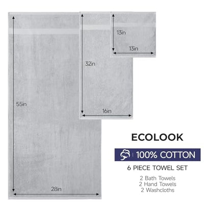 ecolook Ultra Soft 6-Piece Towel Set, 100% Cotton | Lighter Weight, Quick Dry, Highly Absorbent, 2 Bath, 2 Hand, 2 Washcloths, Perfect for Bathroom, Light Gray - color: Light Gray