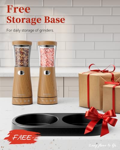 Electric Salt and Pepper Grinder Set with Storage Base, Stainless Steel Rechargeable Salt and Pepper Grinder Set with 4.5 oz Large Capacity, 1.8" Wide Mouth, Adjustable Coarseness, Ideal for Kitchen - color: Light Wood Grain