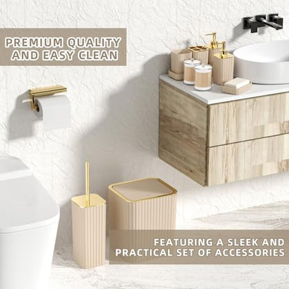 XLHOMO Bathroom Accessories Set - Gorgeous Bathroom Set, 10PC Beige Bathroom Accessory Set, Toilet Brush, Trash Can & Soap Dispenser - size: Bath Set, style: Beige&Gold