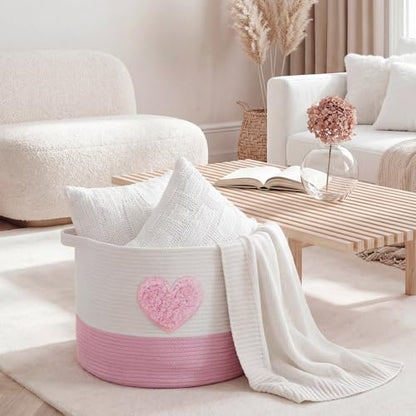 LemonRoad Pink Heart Extra Large Cotton Rope Basket 20"x14", Embroidered Woven Baby Laundry Blanket Basket Box with Handle Storage, Blanket Storage for Living Nursery Pillows Laundry Baby Toy Chest - style: Heart