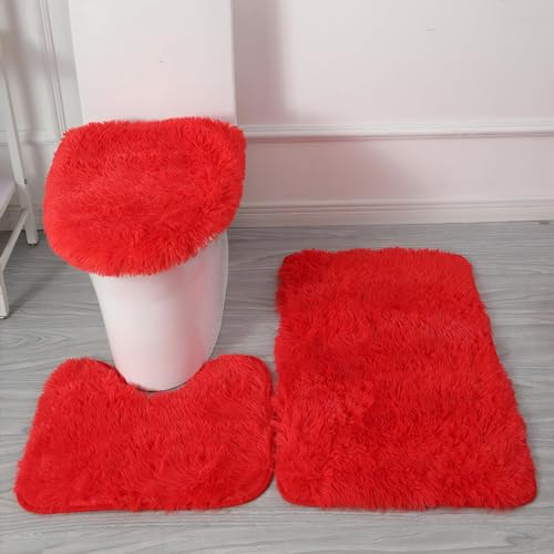Red Bathroom Rugs Sets 3Piece Bath Mat Solid Bath Rug Floor Mats Washable Shower Rug with U-Shaped Contour Rug Toilet Lid Cover - color: Red, size: Set of 3