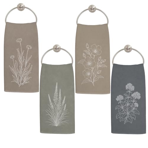 Rustic Minimalist Botanical Kitchen Towels 16x24 Inch Set of 4 | Earth Tone Cottagecore Floral Plant Decorative Dish Tea Hand Towels for Kitchen Bathroom - color: Rustic Minimalist Botanical