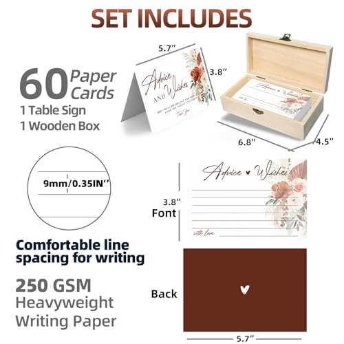 Boho Wedding Advice and Wishes Cards with Wood Box - 60 Pack 250GSM Pampas Grass Mr and Mrs Message Cards - Terracotta Bridal Shower Decorations, Engagement Party Guest Book Alternative - color: BOHEMIA