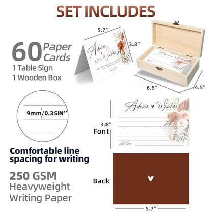 Boho Wedding Advice and Wishes Cards with Wood Box - 60 Pack 250GSM Pampas Grass Mr and Mrs Message Cards - Terracotta Bridal Shower Decorations, Engagement Party Guest Book Alternative - color: BOHEMIA