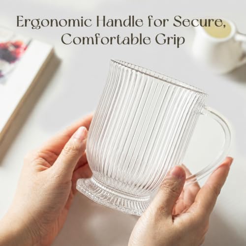 KEMORELA 16oz Ribbed Glass Coffee Mugs Set,Large Glass Mugs with Handle | 4-pack,Clear Thick glass,Wide base,Microwaves,Dishwasher safe,For Ice Coffee,Americano,Latte,Tea,Juice,Hot/Cold Beverages - color: Ribbed-4PCS