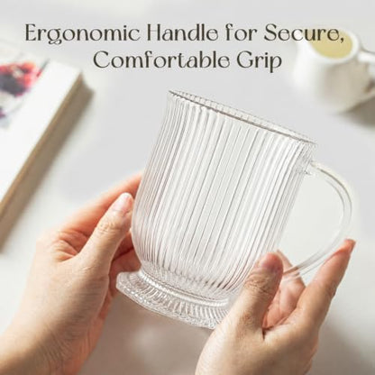 KEMORELA 16oz Ribbed Glass Coffee Mugs Set,Large Glass Mugs with Handle | 2-pack,Clear Thick glass,Wide base,Microwaves,Dishwasher safe,For Ice Coffee,Americano,Latte,Tea,Juice,Hot/Cold Beverages - color: Ribbed-2PCS