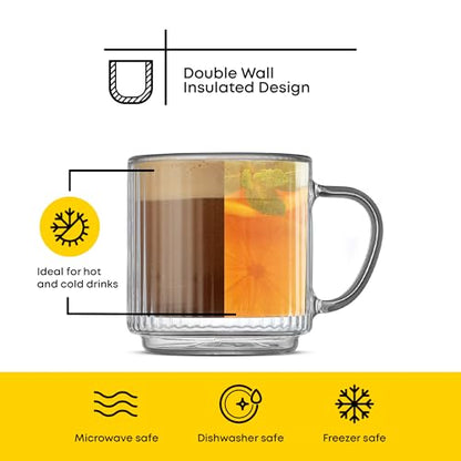 JoyJolt Haven Stackable Fluted Glass Mugs Set of 2, 5.5oz Ribbed Double Wall Glass Coffee Mugs, Stacking Insulated Coffee Cup Set also for Espresso Shot Tea Latte Macchiato Cappuccino - style: Espresso Cups