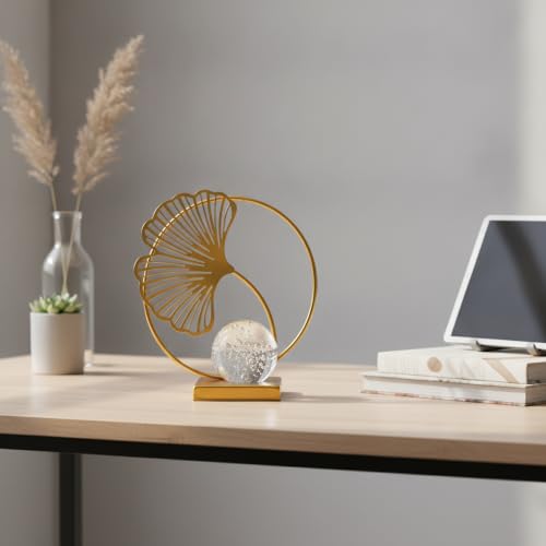 for Shelf, Desk, or Console Table Display: Modern Geometric Metal Leaf and Crystal Ball Sculpture Accent (1 PC) - size: 3.15 x 3.15 x 5.91 in
