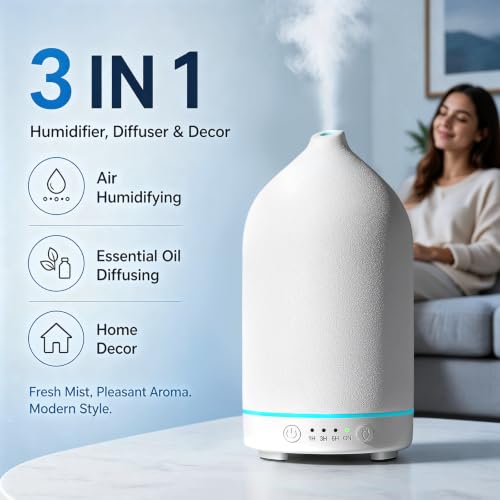 200ML Ceramic Essential Oil Diffuser for Home, Stone Diffuser | Ultrasonic Aromatherapy Diffuser & Air Humidifier for Bedroom, Office, Yoga, 7 LED Lights, Auto Shut-Off, 3 Timers, White - color: White