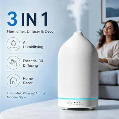 200ML Ceramic Essential Oil Diffuser for Home, Stone Diffuser | Ultrasonic Aromatherapy Diffuser & Air Humidifier for Bedroom, Office, Yoga, 7 LED Lights, Auto Shut-Off, 3 Timers, White - color: White