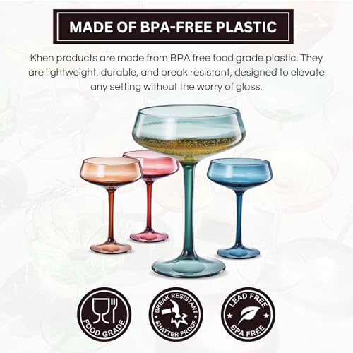 Khen 10.15 Ounce Plastic Acrylic Multicolor Coupe Glasses (Set of 4), Martini Glasses, Champagne Saucers, Reusable, BPA-Free, Shatter-Proof, Dishwasher-Safe, Perfect for Poolside, Outdoors, and More
