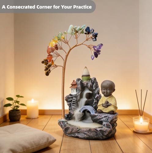 Monk-Blessed Laughing Buddha Backflow Incense Burner, 63-Gemstone Chakra Tree, Temple-Certified Feng Shui Altar Decor for Meditation & Reiki, Mother's Day, Birthday Gift(7.4 Inch)