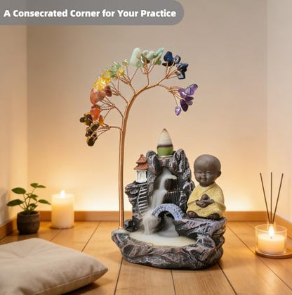 Monk-Blessed Laughing Buddha Backflow Incense Burner, 63-Gemstone Chakra Tree, Temple-Certified Feng Shui Altar Decor for Meditation & Reiki, Mother's Day, Birthday Gift(7.4 Inch)