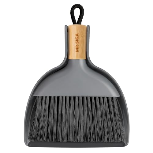 MR.SIGA Mini Dustpan and Brush Set, Bamboo Handle, Gray, 1 Set | Portable cleaning brush and dustpan combo, handheld brush and dustpan combo with hanging loop - color: Gray