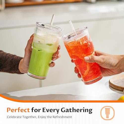 20oz Iced Coffee Cups with Lids, Glass Coffee Cups with Lids and Straws | Clear Reusable Drinkware, Secure Leak-Resistant Lids, Cup-Holder Friendly, Ideal for Iced Coffee, Tea, Juice and Smoothies - color: Clear - 4 pcs