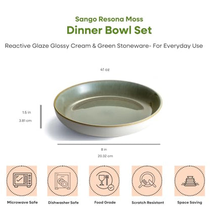Sango Resona Moss Green Stoneware Bowls (Set of 4) – Durable Stoneware with Reactive Glaze Finish, Microwave & Dishwasher Safe, Perfect for Everyday Dining & Entertainment - color: Green/Cream, size: Pasta Bowl Set