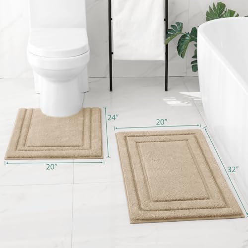 HOMEIDEAS Bathroom Rugs Sets 2 Piece, Super Soft and Absorbent Non Slip Microfiber U-Shaped Toilet Bath Mat Set (20"x32"+U20 x24, Beige) - color: Loop- Beige, size: 1'8" x 2'8" (20"x32"+U Shape 20"x24")