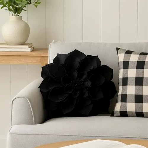 Fennco Styles Handmade 3D Heart-Shaped Petals Flower Decorative Filled Throw Pillow 13" Round - Black Floral Pillow for Couch, Home Décor and Holiday, Housewarming Gift - color: Black